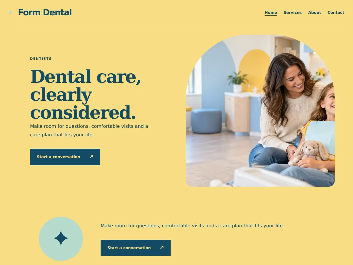 Playful pediatric care sample website showing its homepage layout