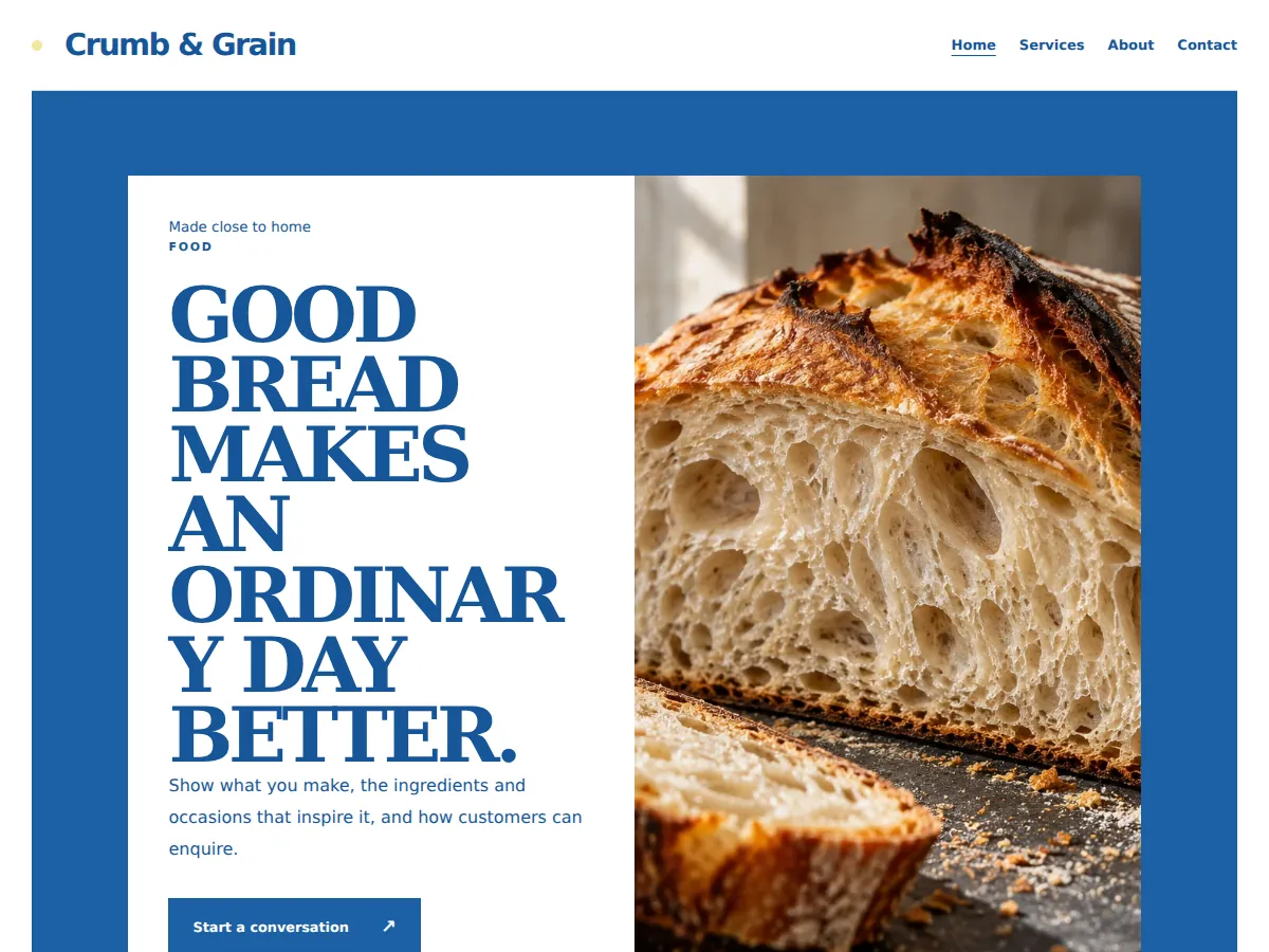 Blue counter bakery sample website showing its homepage layout