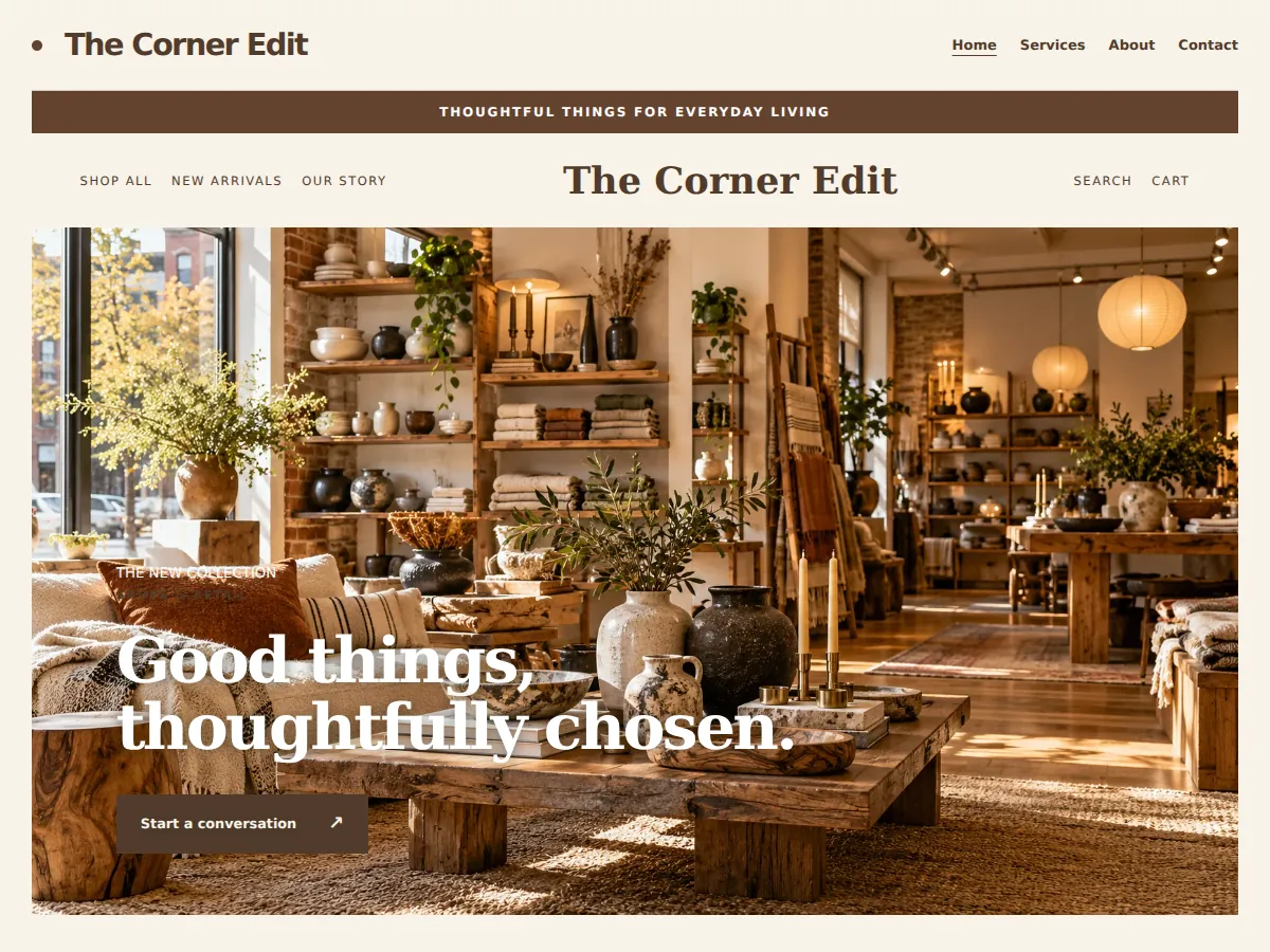 Artisan market example website homepage