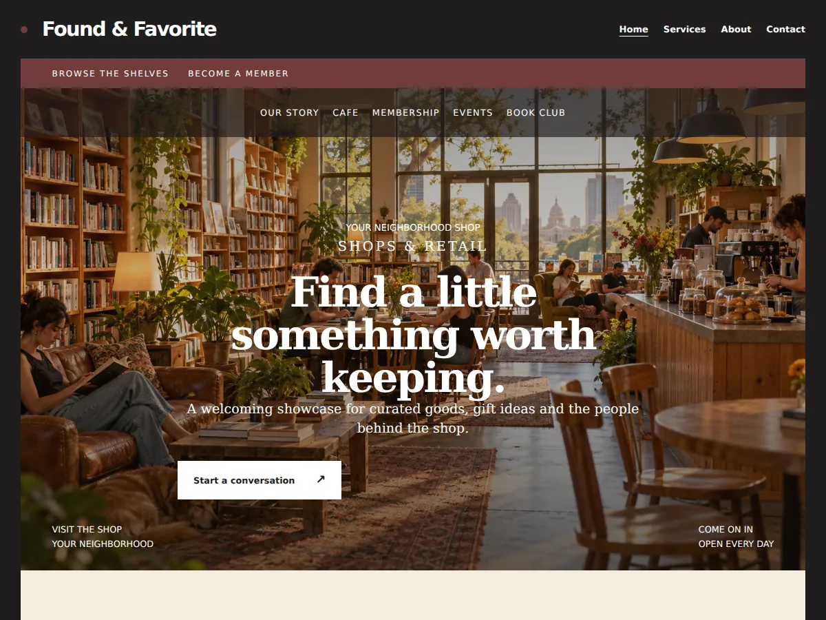 Bookshop and club sample website showing its homepage layout